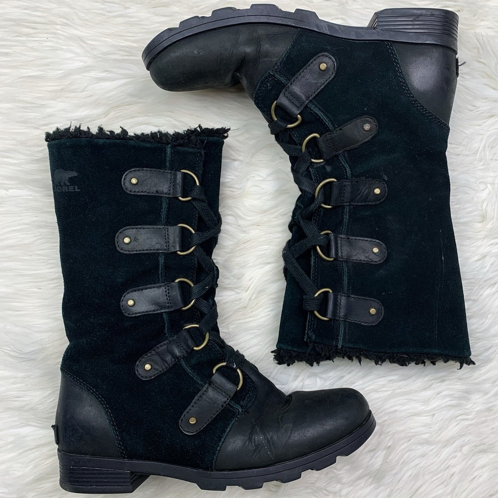 Sorel Emelie Lace Up Boot Suede Leather Waterproof Faux Fur Lined Black Winter